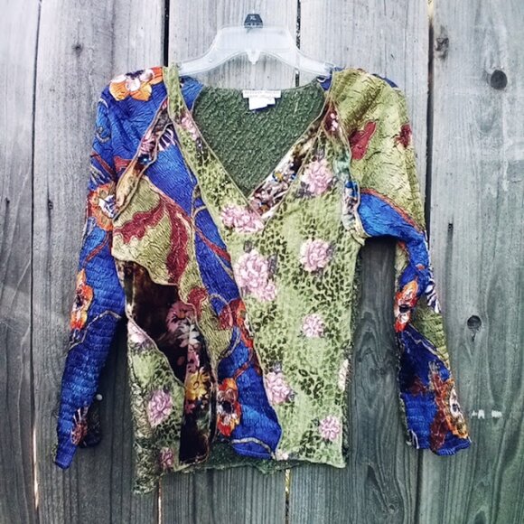 Alberto Makali Tops - ALBERTO MAKALI Y2K VINTAGE ART TO WEAR COLOR BLOCK PRINT CRINKLE TOP SZ M BOHO